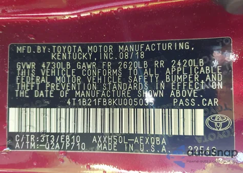 2019 Toyota Avalon Xle/Xse/Limited from USA, damaged, VIN 4T1B21FB8KU005035